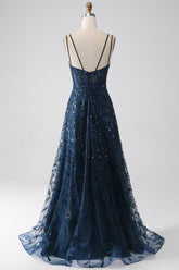 A-Linie marineblaues Spaghettiträger langes Ballkleid mit Schlitz